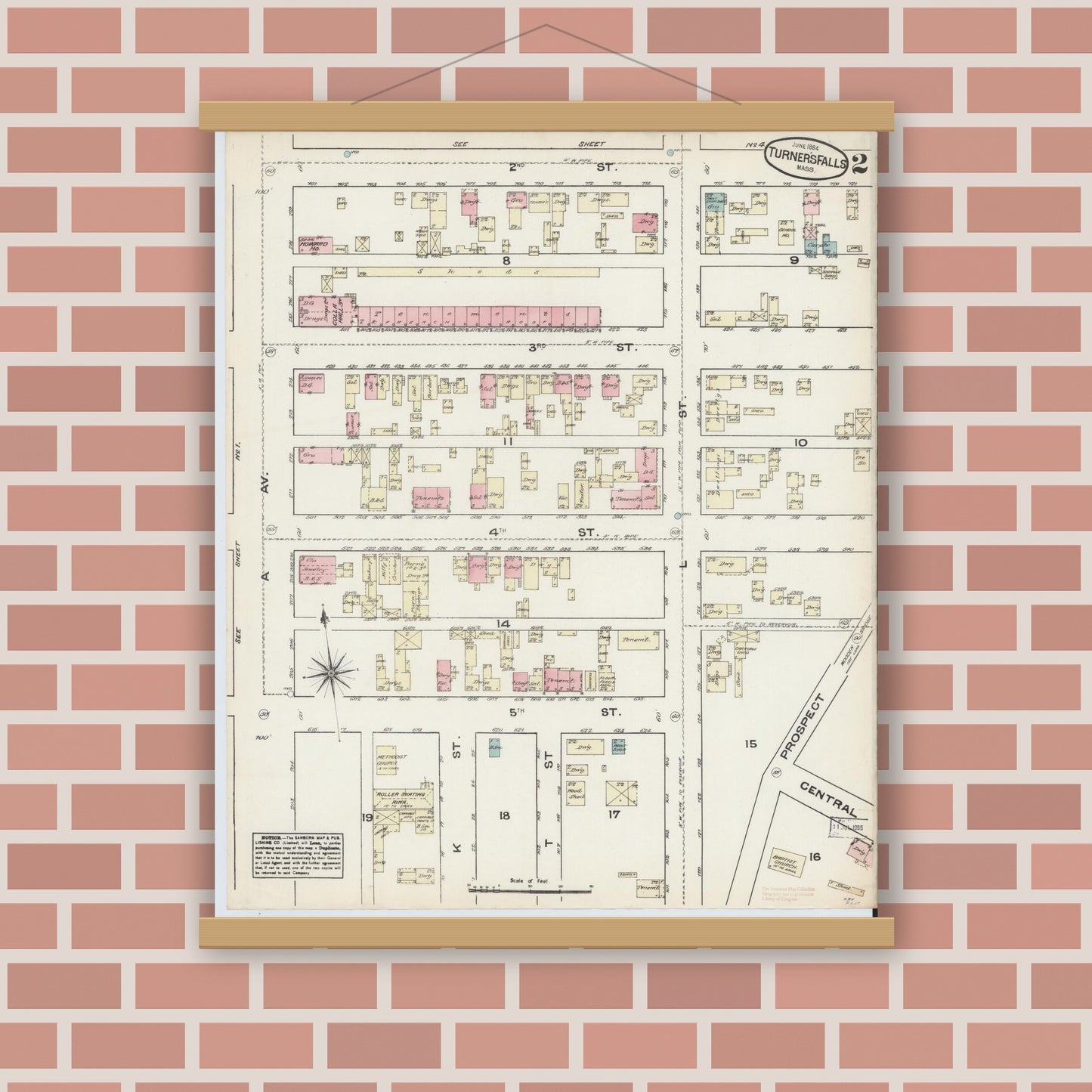 Old map wall art mockup — magnetic wood frame on brick wall — Sanborn Fire Insurance Map from Turners Falls, Franklin County, Massachusetts (1884), Sheet #0002