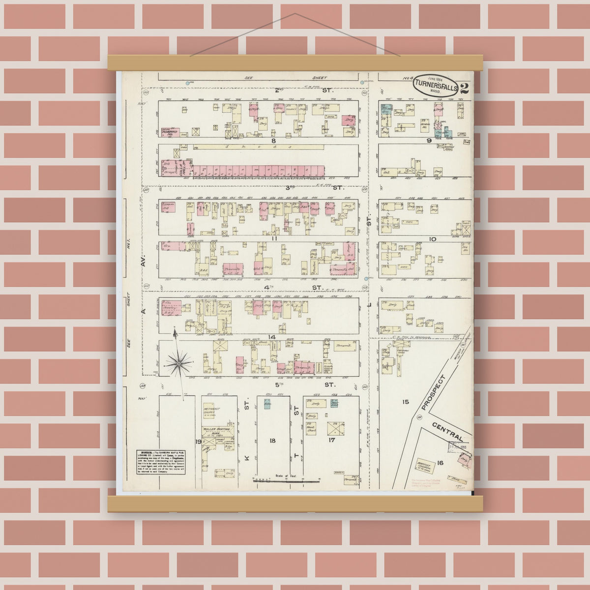Old map wall art mockup — magnetic wood frame on brick wall — Sanborn Fire Insurance Map from Turners Falls, Franklin County, Massachusetts (1884), Sheet #0002
