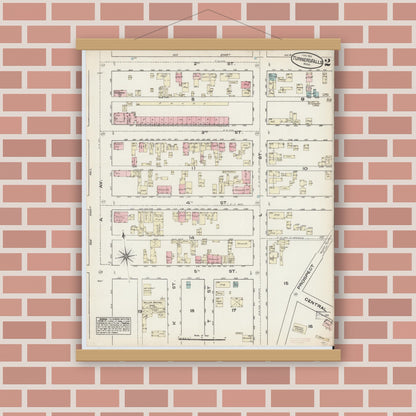 Old map wall art mockup — magnetic wood frame on brick wall — Sanborn Fire Insurance Map from Turners Falls, Franklin County, Massachusetts (1884), Sheet #0002