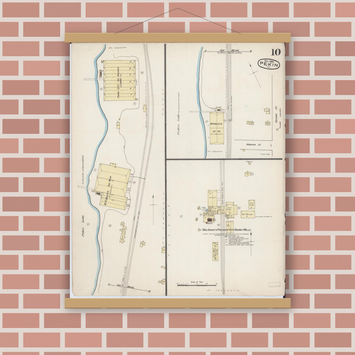Old map wall art mockup — magnetic wood frame on brick wall — Sanborn Fire Insurance Map from Pekin, Tazewell County, Illinois (1885), Sheet #0010