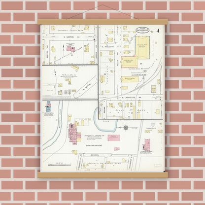 Old map wall art mockup — magnetic wood frame on brick wall — Sanborn Fire Insurance Map from Jacksonville, Morgan County, Illinois (1914), Sheet #0004