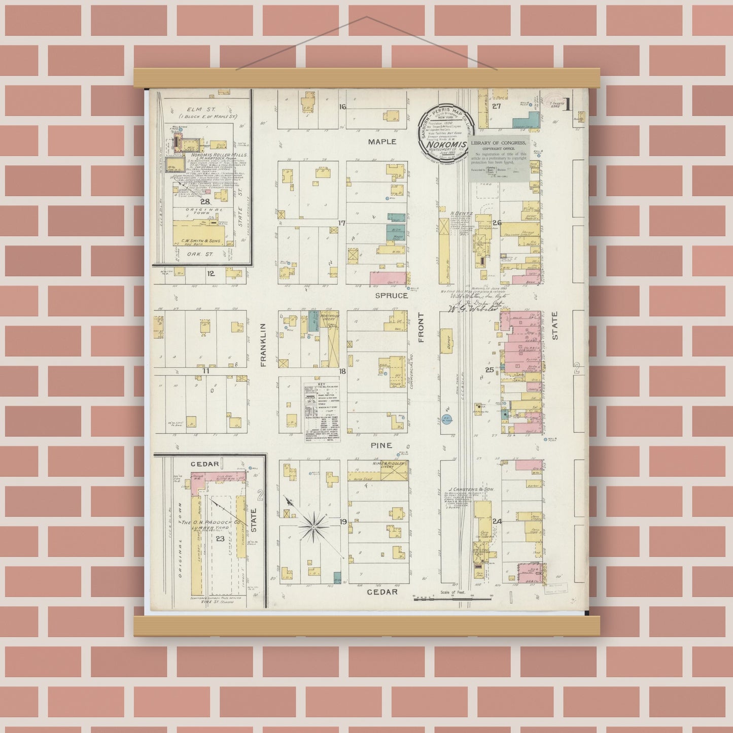 Old map wall art mockup — magnetic wood frame on brick wall — Sanborn Fire Insurance Map from Nokomis, Montgomery County, Illinois (1893) - Complete Map Set