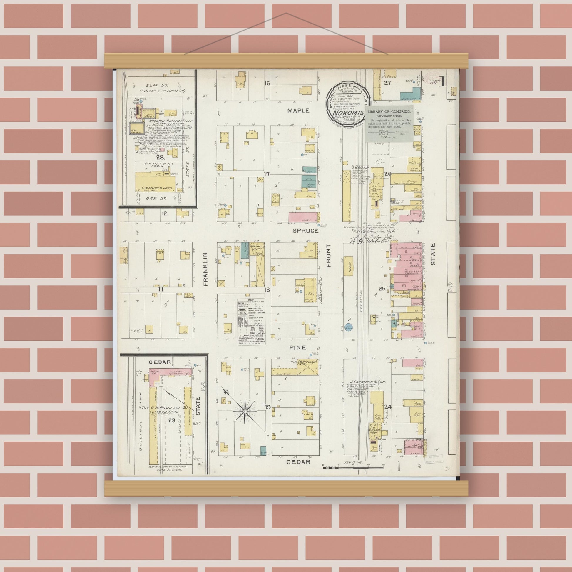 Old map wall art mockup — magnetic wood frame on brick wall — Sanborn Fire Insurance Map from Nokomis, Montgomery County, Illinois (1893) - Complete Map Set