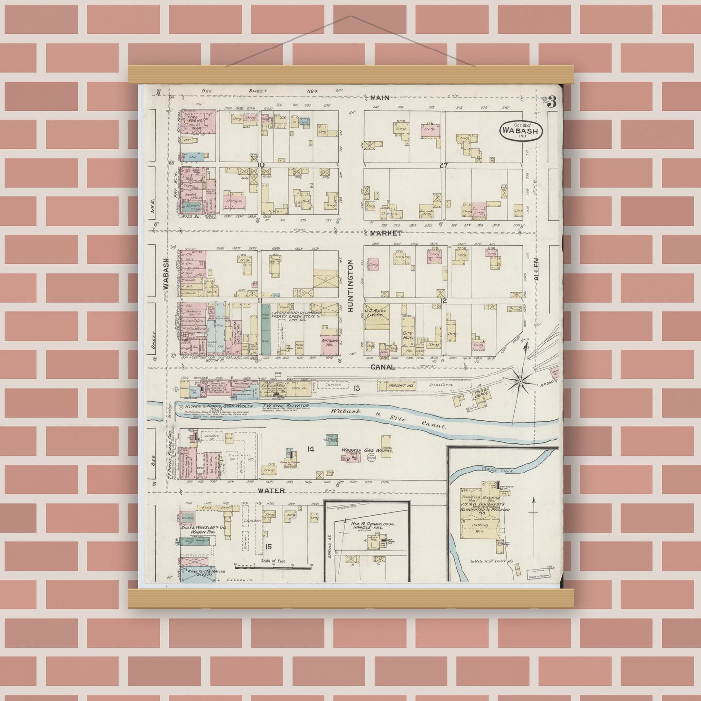 Old map wall art mockup — magnetic wood frame on brick wall — Sanborn Fire Insurance Map from Wabash, Wabash County, Indiana (1887), Sheet #0003