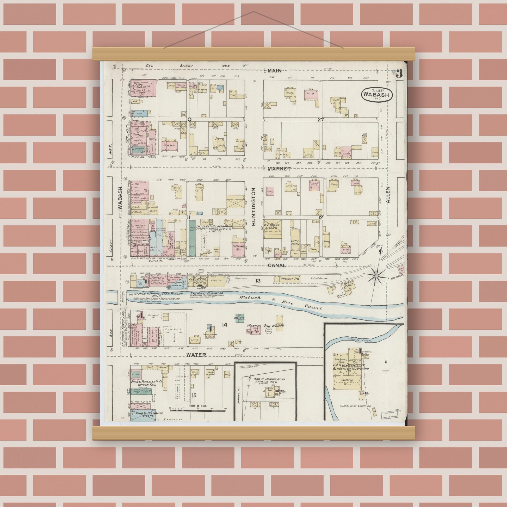 Old map wall art mockup — magnetic wood frame on brick wall — Sanborn Fire Insurance Map from Wabash, Wabash County, Indiana (1887), Sheet #0003
