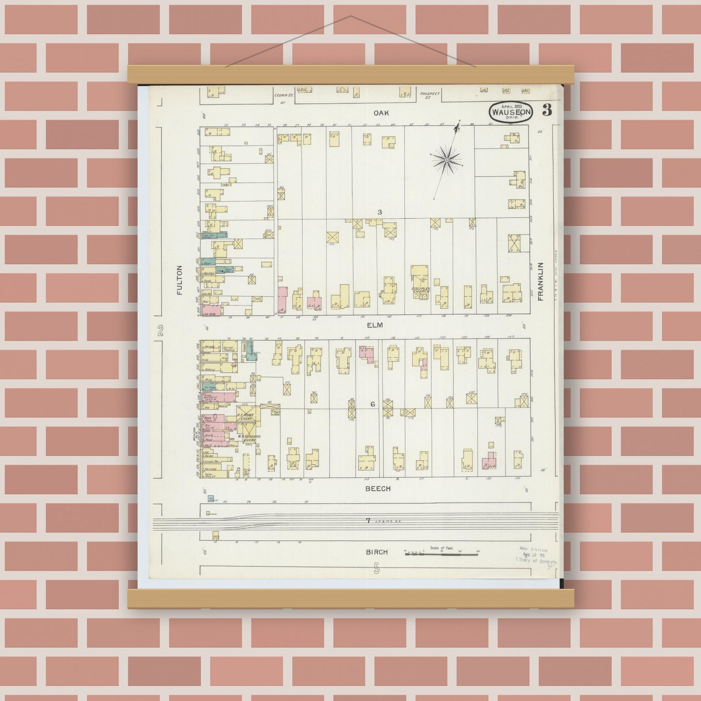 Old map wall art mockup — magnetic wood frame on brick wall — Sanborn Fire Insurance Map from Wauseon, Fulton County, Ohio (1893), Sheet #0003