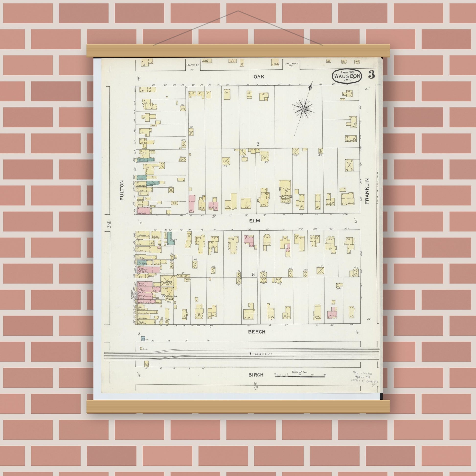 Old map wall art mockup — magnetic wood frame on brick wall — Sanborn Fire Insurance Map from Wauseon, Fulton County, Ohio (1893), Sheet #0003