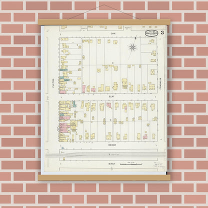 Old map wall art mockup — magnetic wood frame on brick wall — Sanborn Fire Insurance Map from Wauseon, Fulton County, Ohio (1893), Sheet #0003