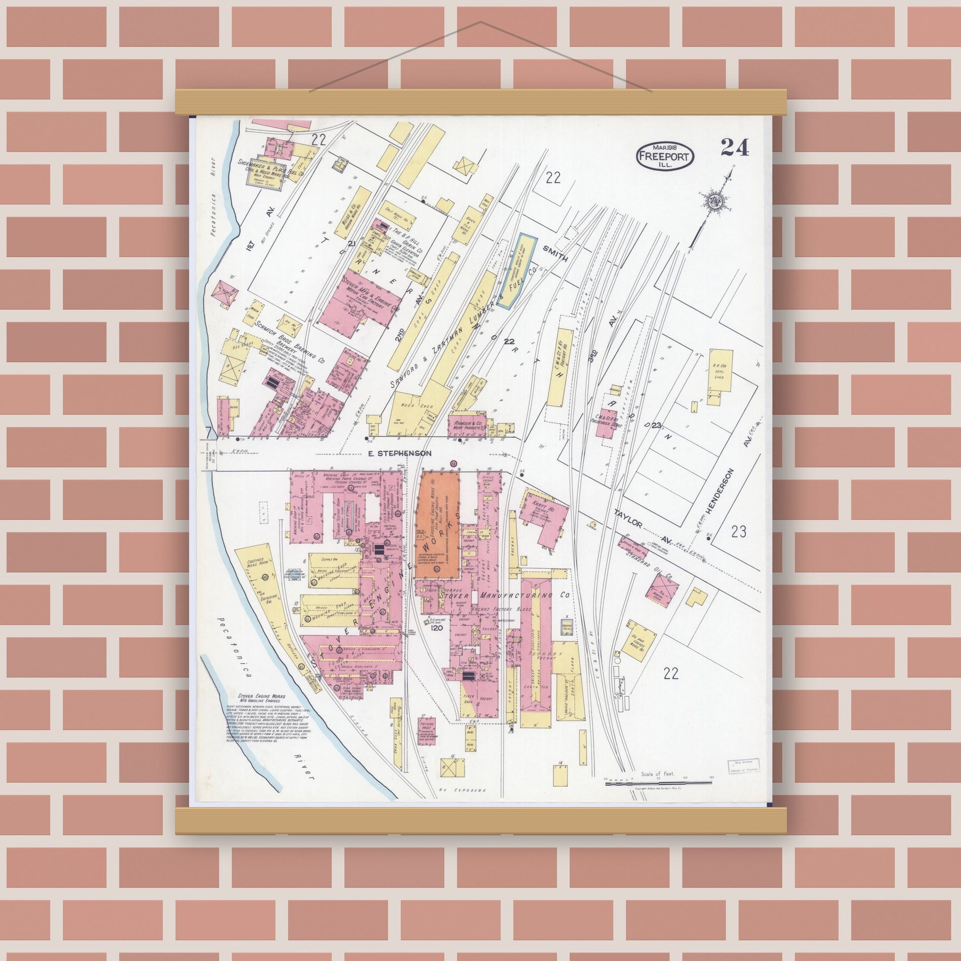 Old map wall art mockup — magnetic wood frame on brick wall — Sanborn Fire Insurance Map from Freeport, Stephenson County, Illinois (1918), Sheet #0024