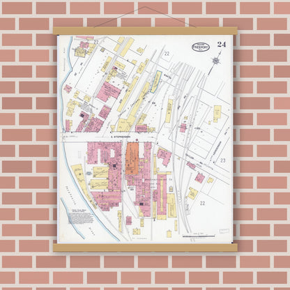 Old map wall art mockup — magnetic wood frame on brick wall — Sanborn Fire Insurance Map from Freeport, Stephenson County, Illinois (1918), Sheet #0024