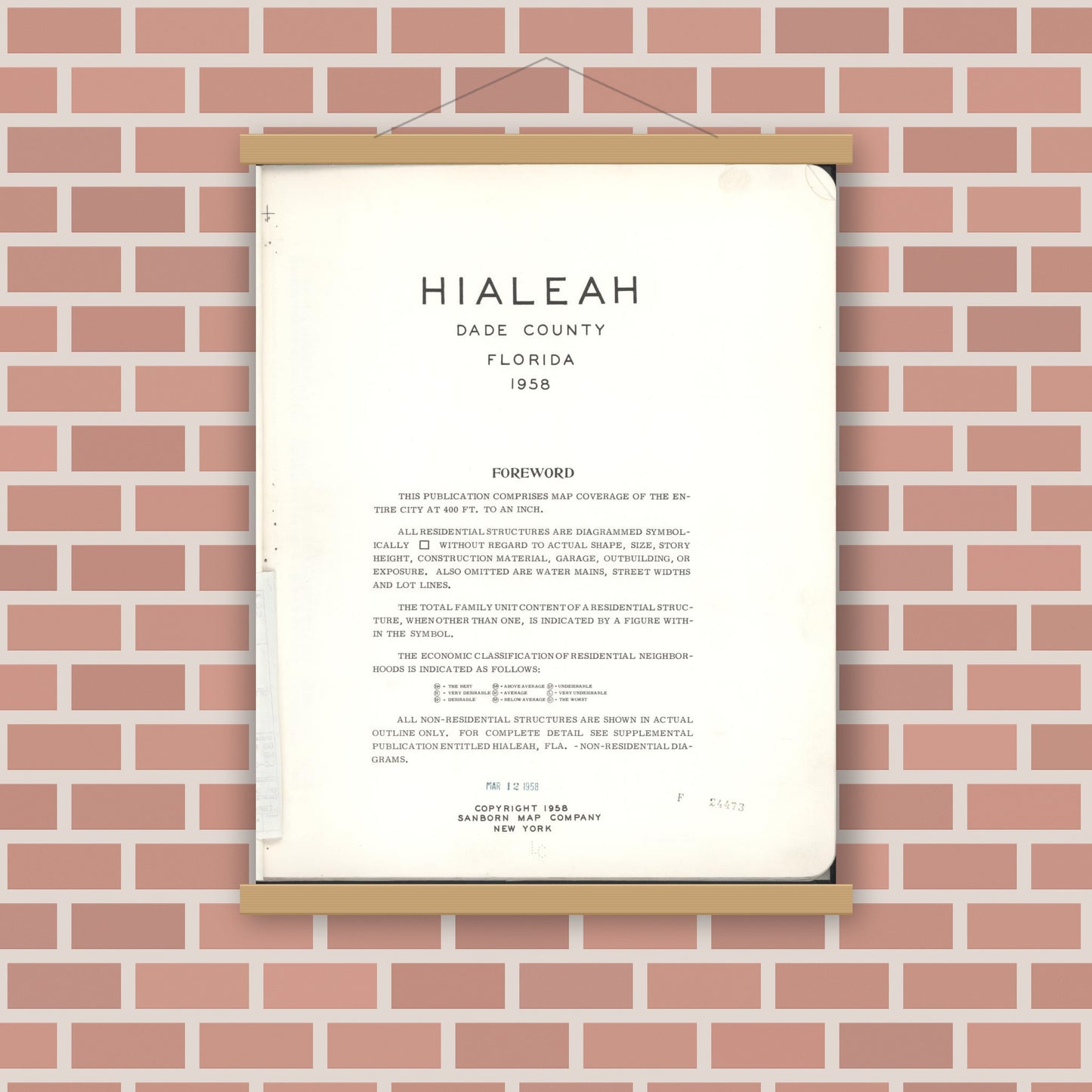 Old map wall art mockup — magnetic wood frame on brick wall — Sanborn Fire Insurance Map from Hialeah, Dade County, Florida (1958), Sheet #0001