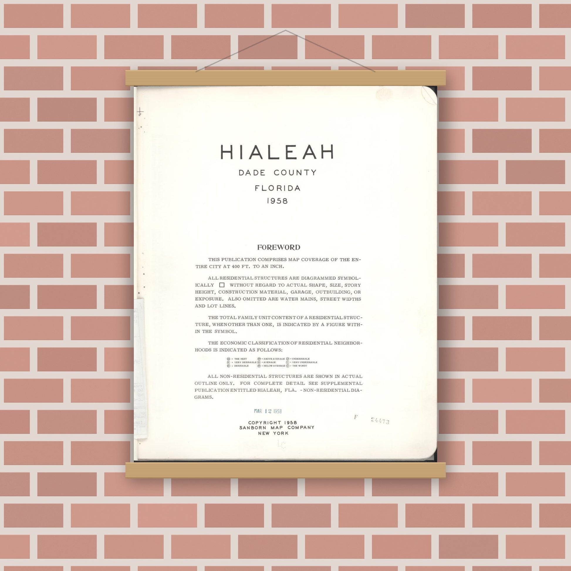 Old map wall art mockup — magnetic wood frame on brick wall — Sanborn Fire Insurance Map from Hialeah, Dade County, Florida (1958), Sheet #0001