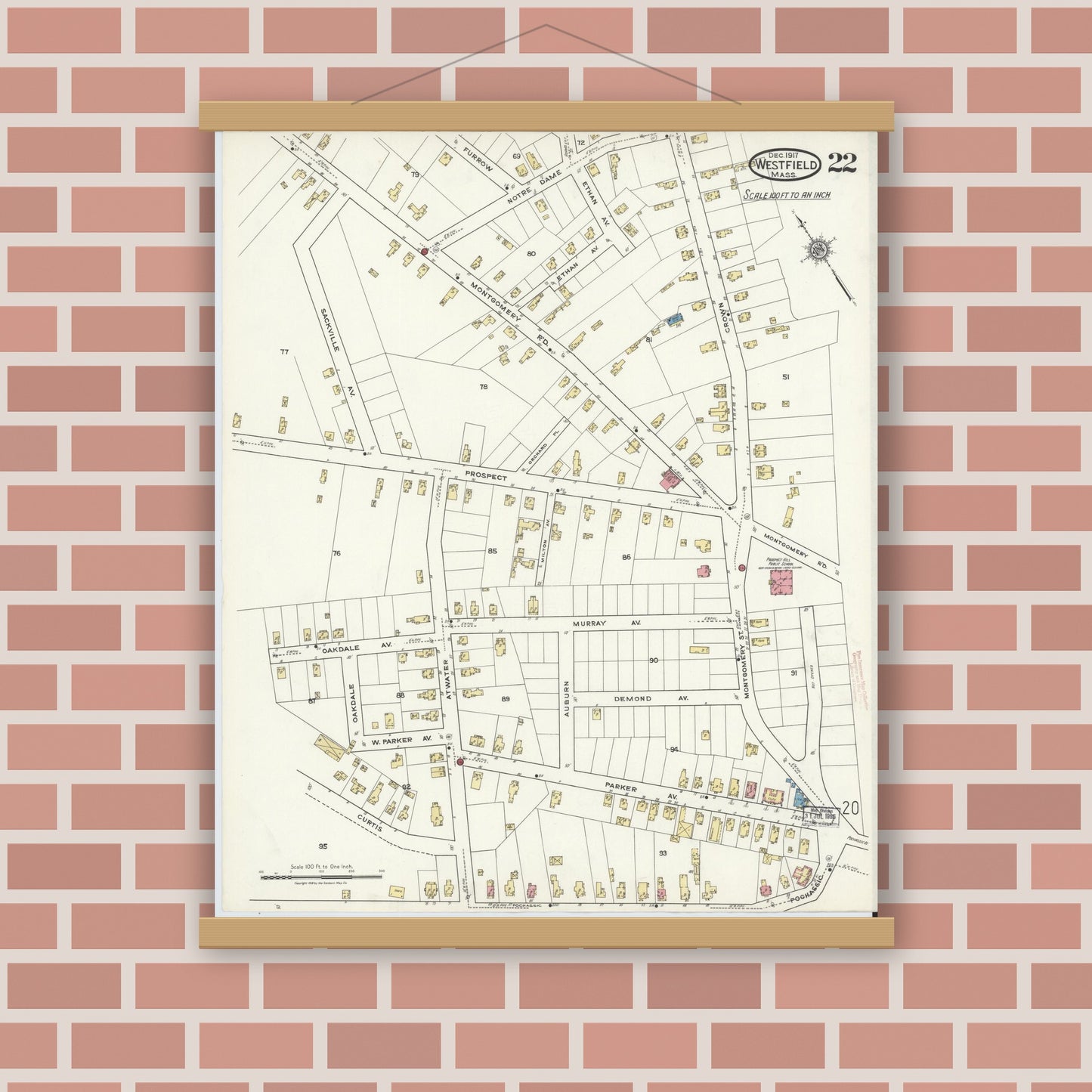 Old map wall art mockup — magnetic wood frame on brick wall — Sanborn Fire Insurance Map from Westfield, Hampden County, Massachusetts (1917), Sheet #0022