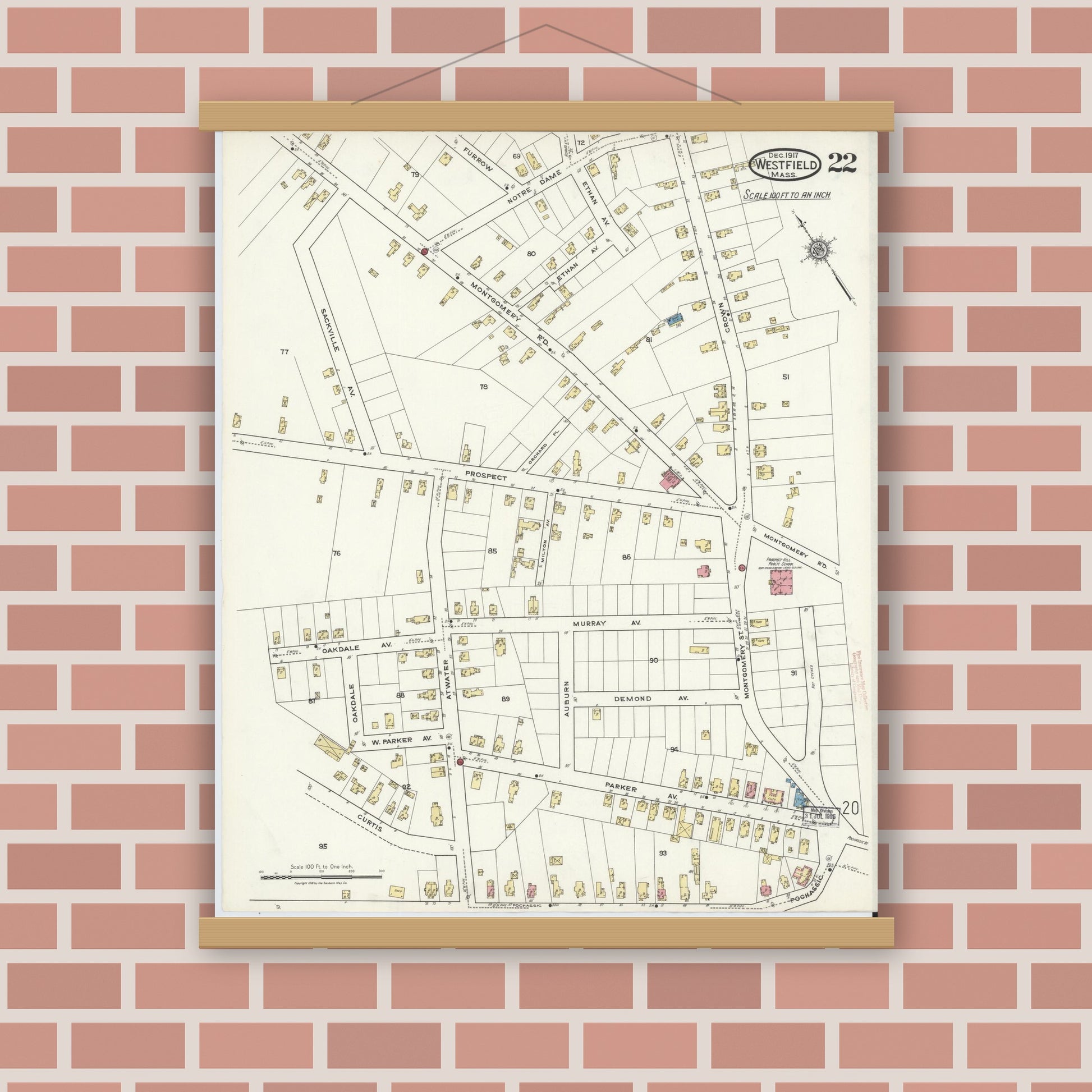 Old map wall art mockup — magnetic wood frame on brick wall — Sanborn Fire Insurance Map from Westfield, Hampden County, Massachusetts (1917), Sheet #0022
