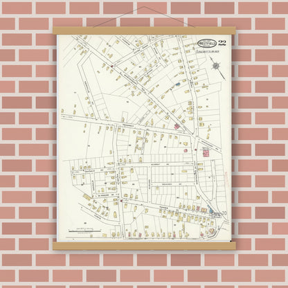 Old map wall art mockup — magnetic wood frame on brick wall — Sanborn Fire Insurance Map from Westfield, Hampden County, Massachusetts (1917), Sheet #0022