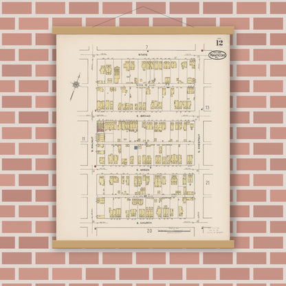Old map wall art mockup — magnetic wood frame on brick wall — Sanborn Fire Insurance Map from Nanticoke, Luzerne County, Pennsylvania (1920), Sheet #0012