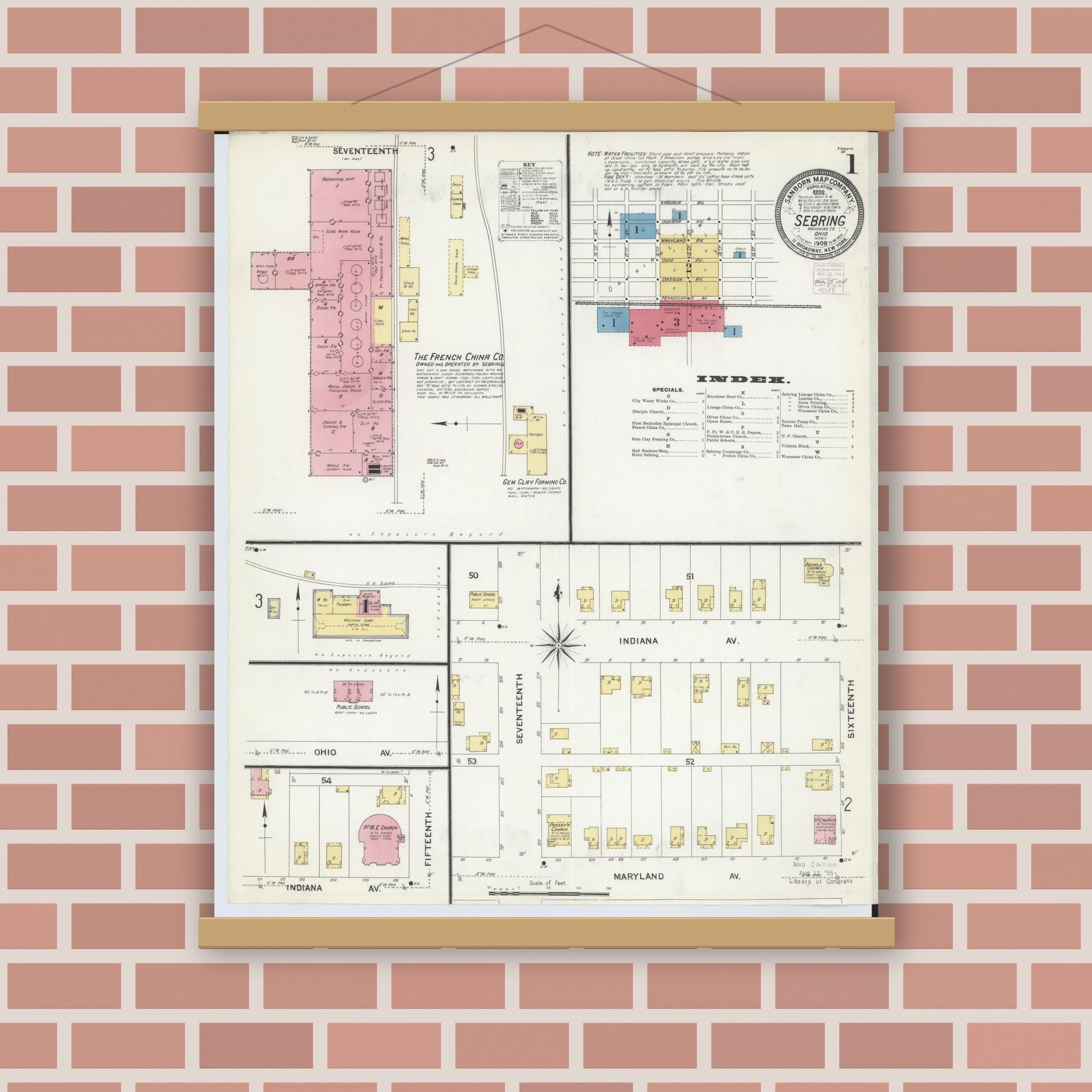 Old map wall art mockup — magnetic wood frame on brick wall — Sanborn Fire Insurance Map from Sebring, Mahoning County, Ohio (1908), Sheet #0001