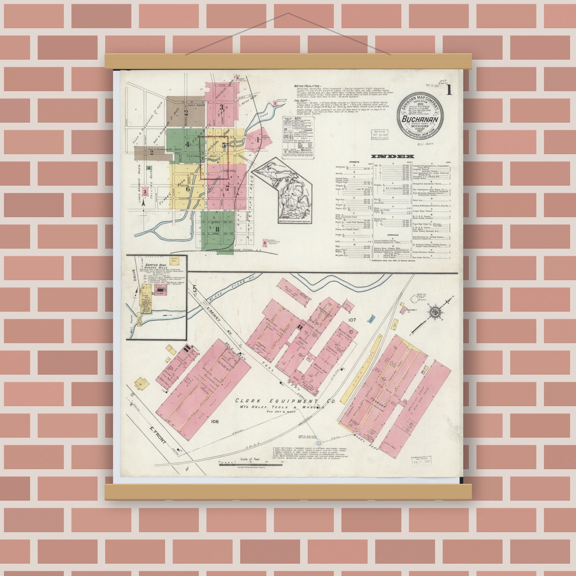 Old map wall art mockup — magnetic wood frame on brick wall — Sanborn Fire Insurance Map from Buchanan, Berrien County, Michigan (1917), Sheet #0001