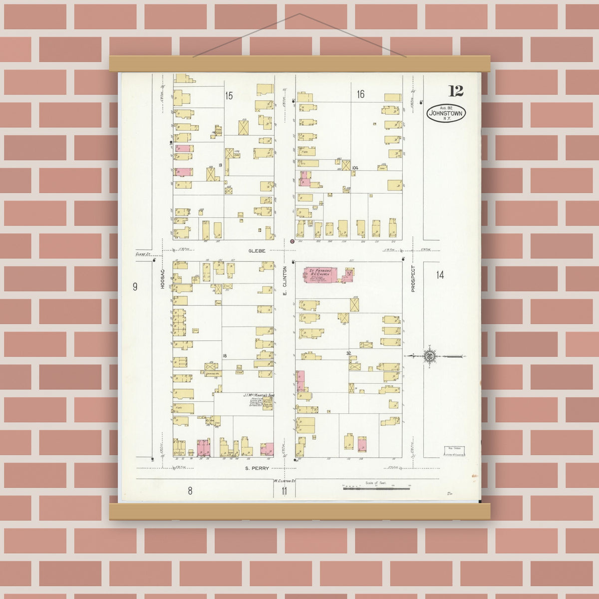 Old map wall art mockup — magnetic wood frame on brick wall — Sanborn Fire Insurance Map from Johnstown, Fulton County, New York (1912), Sheet #0012