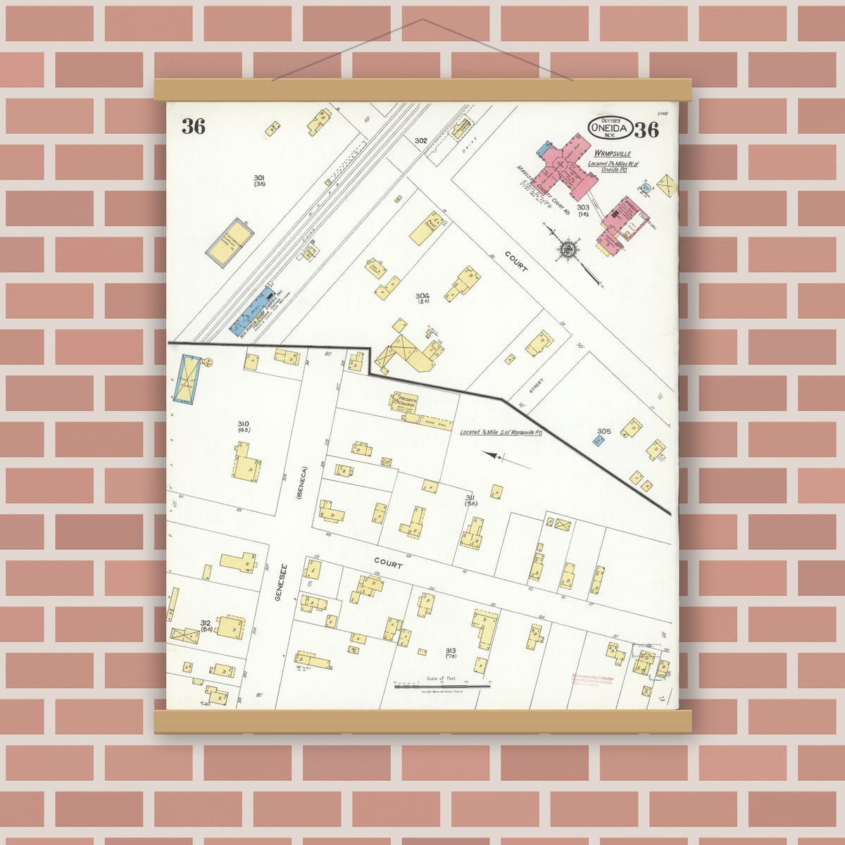 Old map wall art mockup — magnetic wood frame on brick wall — Sanborn Fire Insurance Map from Oneida, Madison County, New York (1923), Sheet #0036