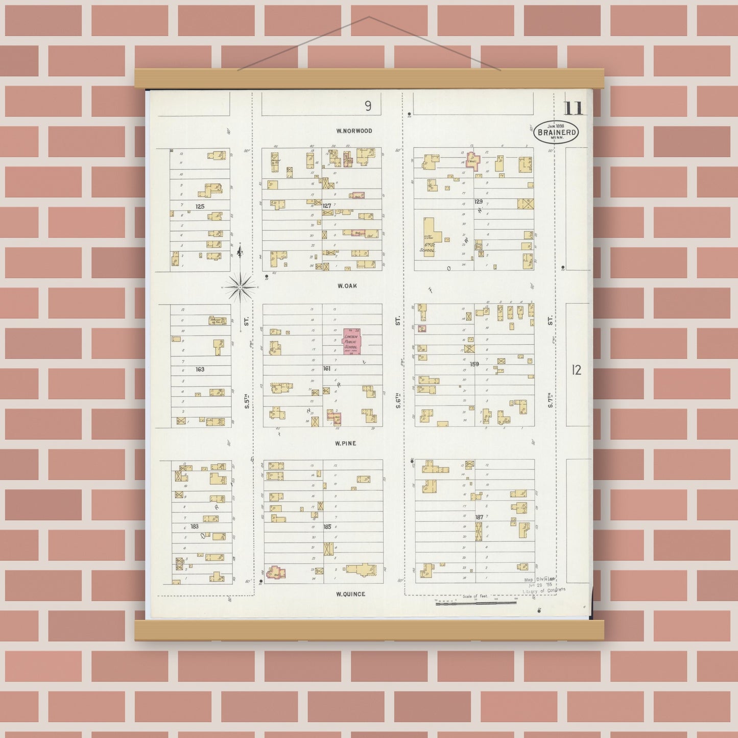 Old map wall art mockup — magnetic wood frame on brick wall — Sanborn Fire Insurance Map from Brainerd, Crow Wing County, Minnesota (1898), Sheet #0011
