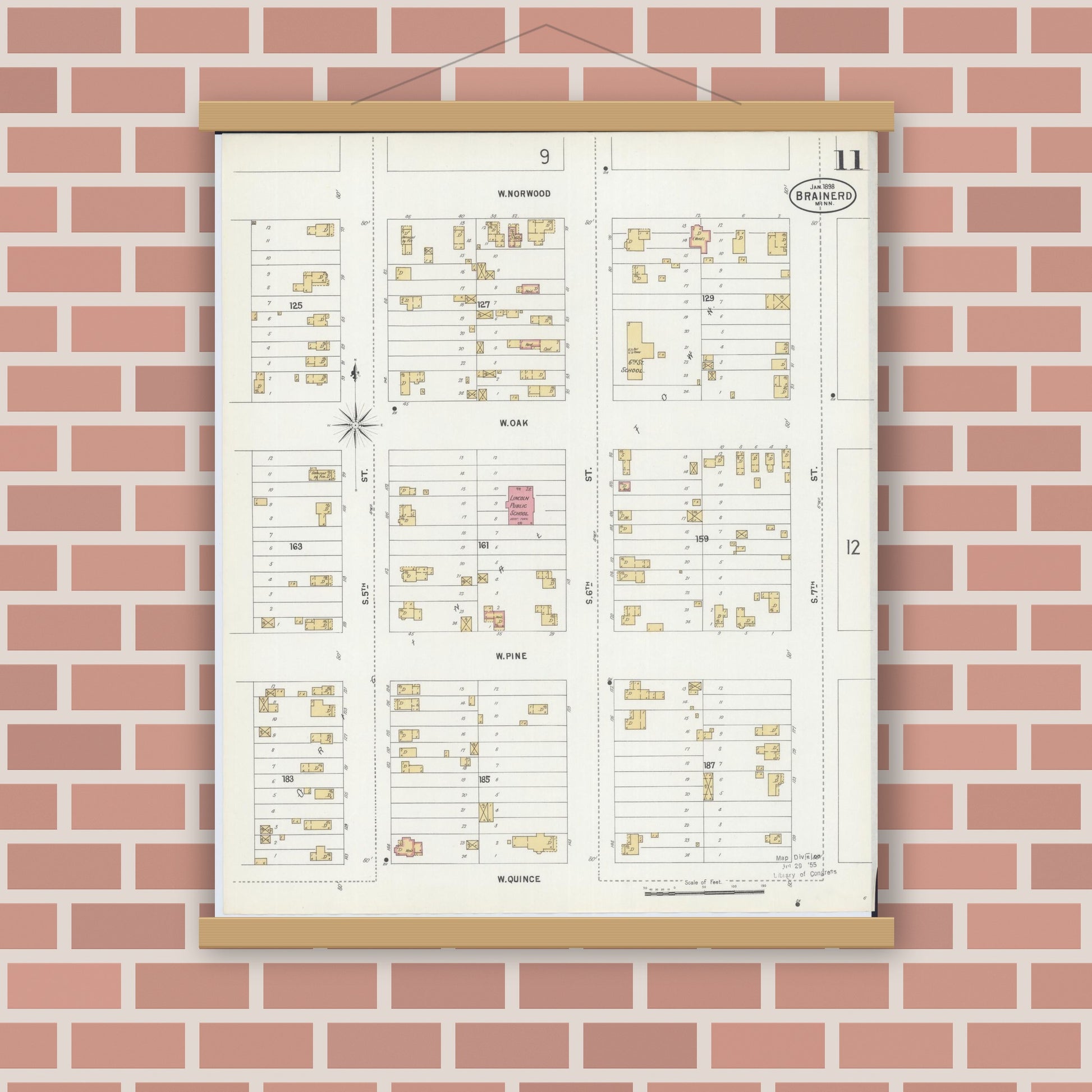 Old map wall art mockup — magnetic wood frame on brick wall — Sanborn Fire Insurance Map from Brainerd, Crow Wing County, Minnesota (1898), Sheet #0011