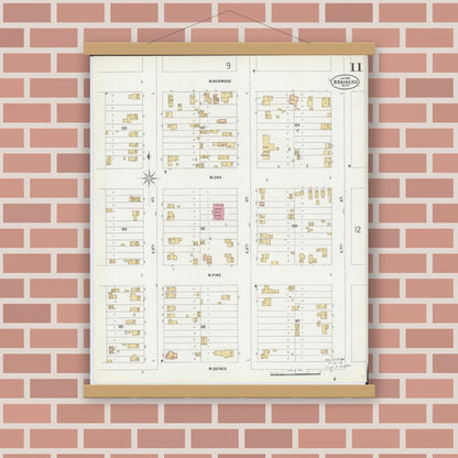 Old map wall art mockup — magnetic wood frame on brick wall — Sanborn Fire Insurance Map from Brainerd, Crow Wing County, Minnesota (1898), Sheet #0011