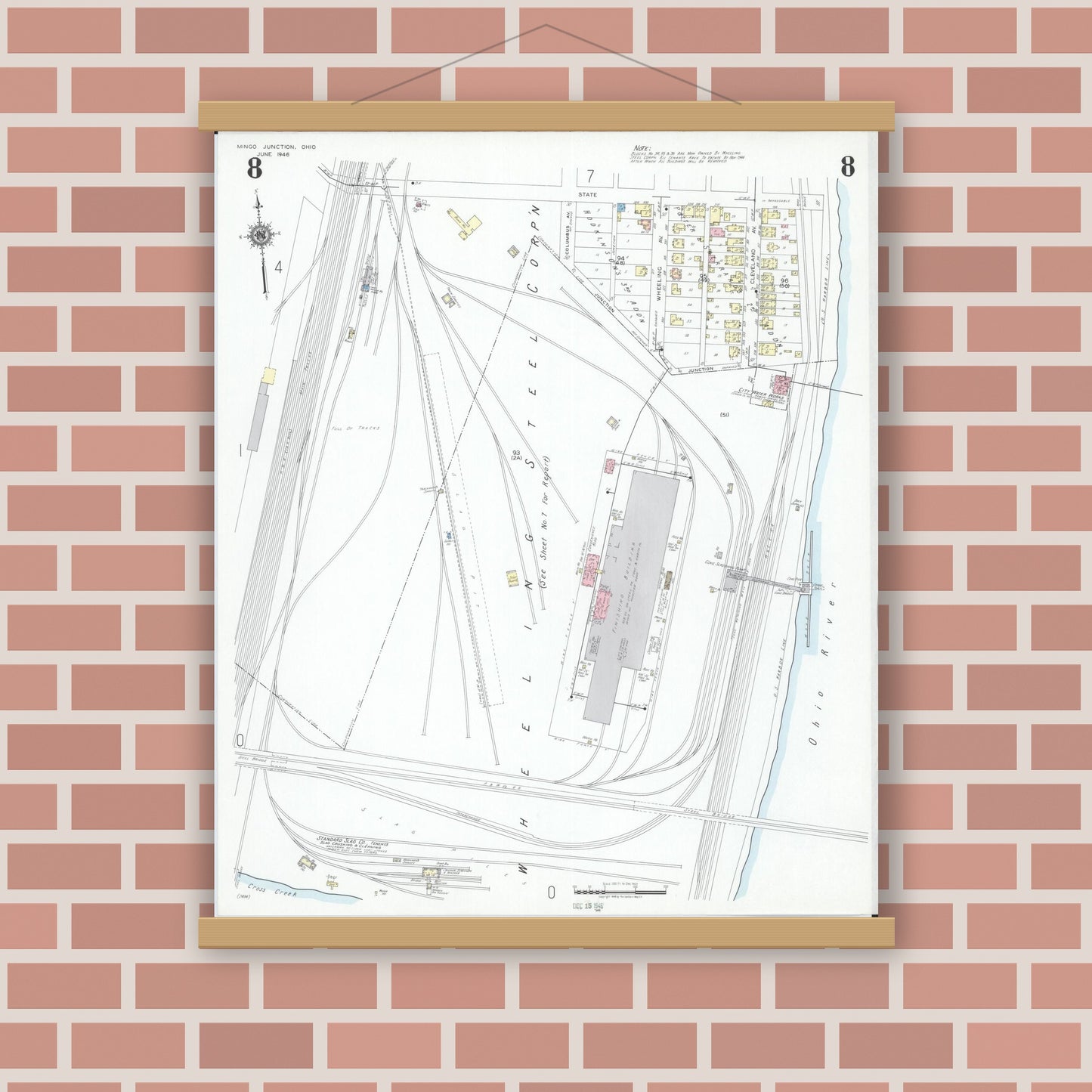 Old map wall art mockup — magnetic wood frame on brick wall — Sanborn Fire Insurance Map from Mingo Junction, Jefferson County, Ohio (1946), Sheet #0008