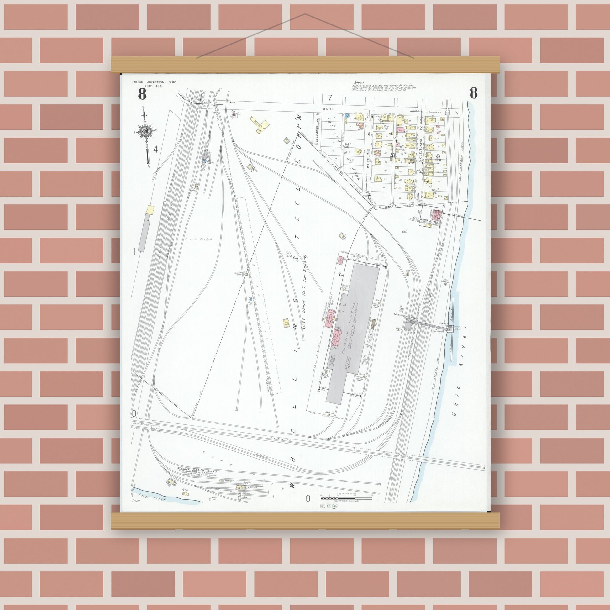 Old map wall art mockup — magnetic wood frame on brick wall — Sanborn Fire Insurance Map from Mingo Junction, Jefferson County, Ohio (1946), Sheet #0008