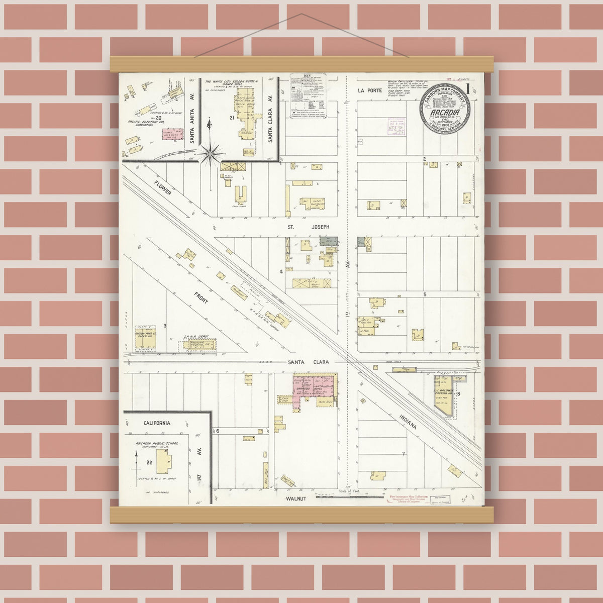 Old map wall art mockup — magnetic wood frame on brick wall — Sanborn Fire Insurance Map from Arcadia, Los Angeles County, California (1908), Sheet #0001