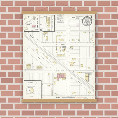 Old map wall art mockup — magnetic wood frame on brick wall — Sanborn Fire Insurance Map from Arcadia, Los Angeles County, California (1908), Sheet #0001