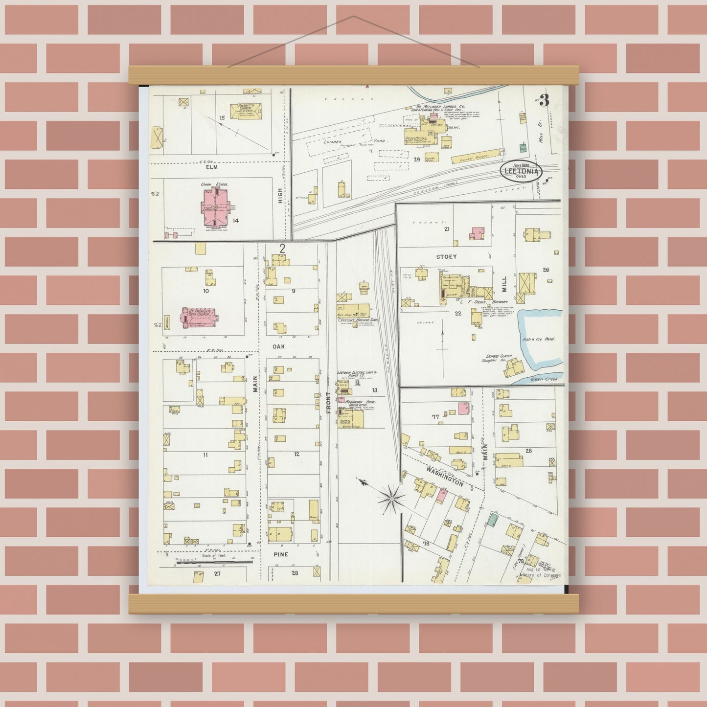 Old map wall art mockup — magnetic wood frame on brick wall — Sanborn Fire Insurance Map from Leetonia, Columbiana County, Ohio (1898), Sheet #0003