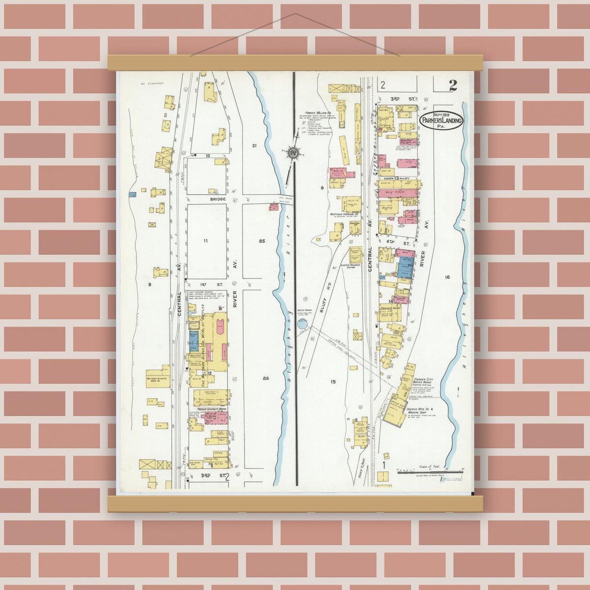Old map wall art mockup — magnetic wood frame on brick wall — Sanborn Fire Insurance Map from Parkers Landing, Armstrong County, Pennsylvania (1919), Sheet #0002