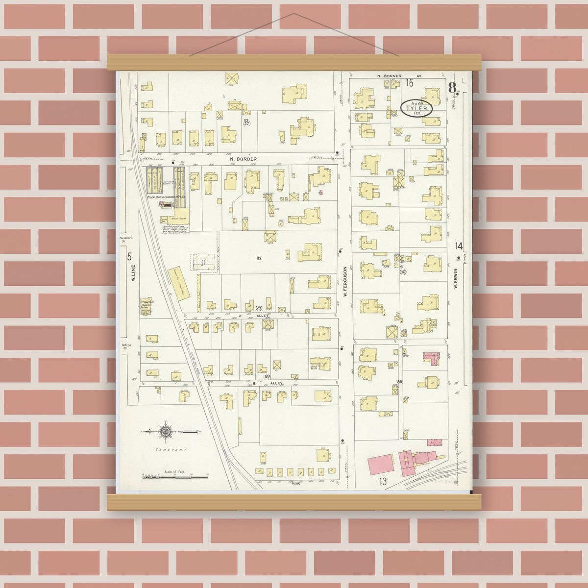 Old map wall art mockup — magnetic wood frame on brick wall — Sanborn Fire Insurance Map from Tyler, Smith County, Texas (1912), Sheet #0008
