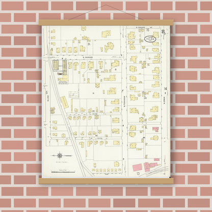 Old map wall art mockup — magnetic wood frame on brick wall — Sanborn Fire Insurance Map from Tyler, Smith County, Texas (1912), Sheet #0008