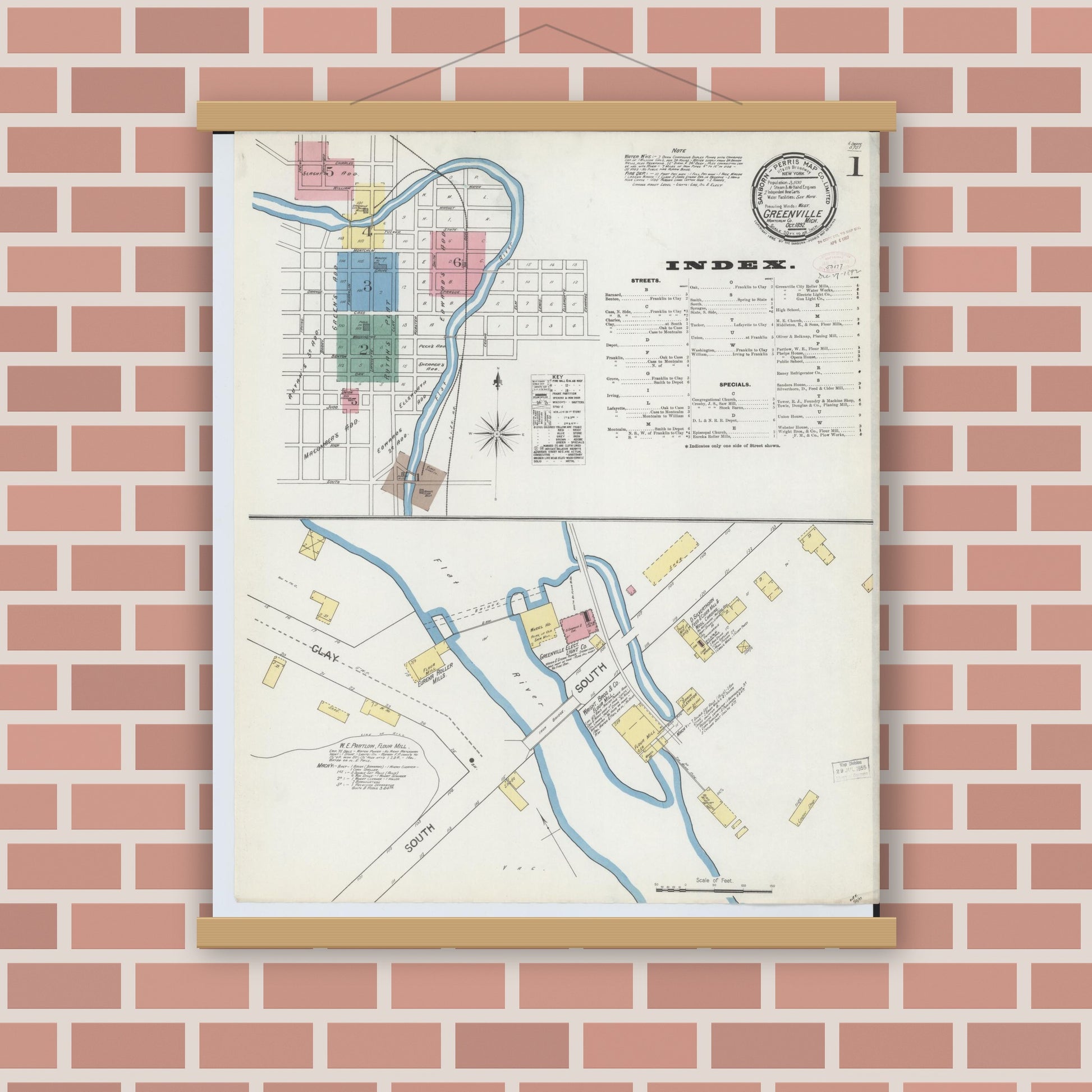 Old map wall art mockup — magnetic wood frame on brick wall — Sanborn Fire Insurance Map from Greenville, Montcalm County, Michigan (1892), Sheet #0001