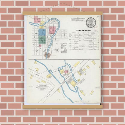 Old map wall art mockup — magnetic wood frame on brick wall — Sanborn Fire Insurance Map from Greenville, Montcalm County, Michigan (1892), Sheet #0001