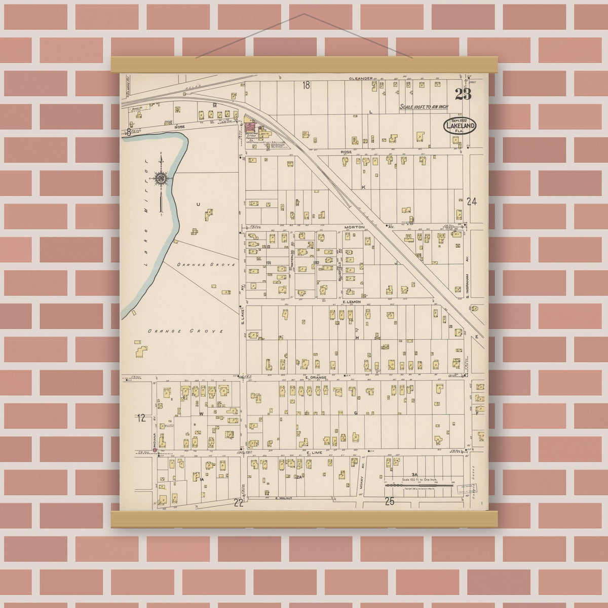 Old map wall art mockup — magnetic wood frame on brick wall — Sanborn Fire Insurance Map from Lakeland, Polk County, Florida (1922), Sheet #0023