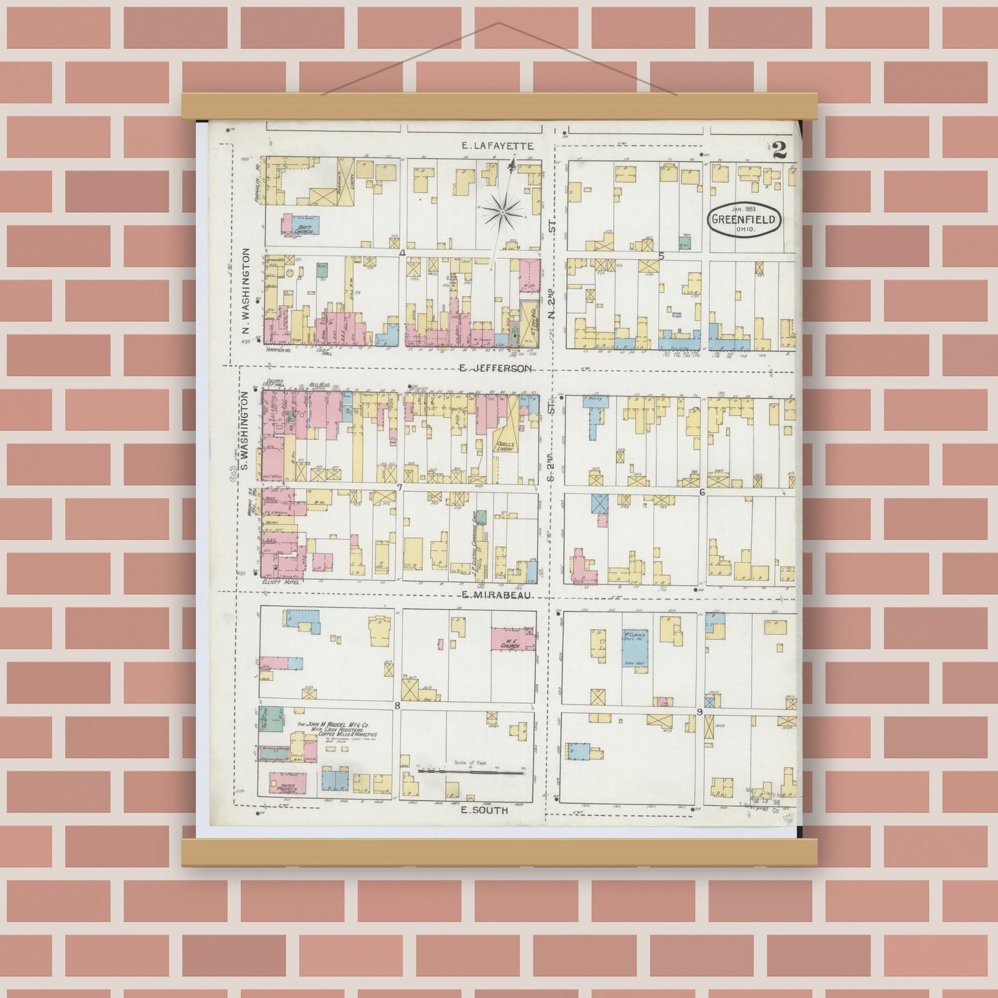 Old map wall art mockup — magnetic wood frame on brick wall — Sanborn Fire Insurance Map from Greenfield, Highland County, Ohio (1893), Sheet #0002