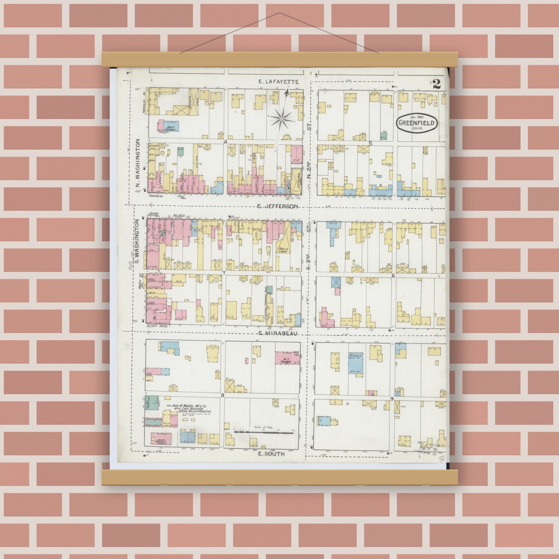 Old map wall art mockup — magnetic wood frame on brick wall — Sanborn Fire Insurance Map from Greenfield, Highland County, Ohio (1893), Sheet #0002