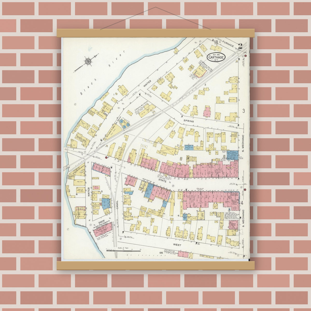 Old map wall art mockup — magnetic wood frame on brick wall — Sanborn Fire Insurance Map from Carthage, Jefferson County, New York (1915) - Complete Map Set