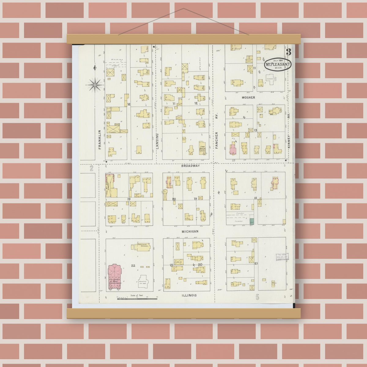 Old map wall art mockup — magnetic wood frame on brick wall — Sanborn Fire Insurance Map from Mount Pleasant, Isabella County, Michigan (1895), Sheet #0003