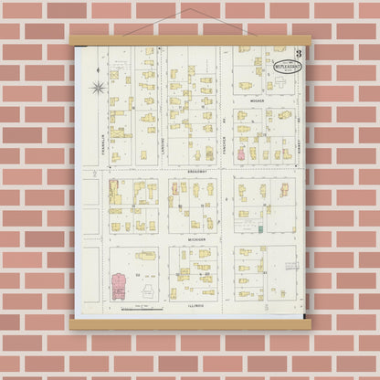 Old map wall art mockup — magnetic wood frame on brick wall — Sanborn Fire Insurance Map from Mount Pleasant, Isabella County, Michigan (1895), Sheet #0003