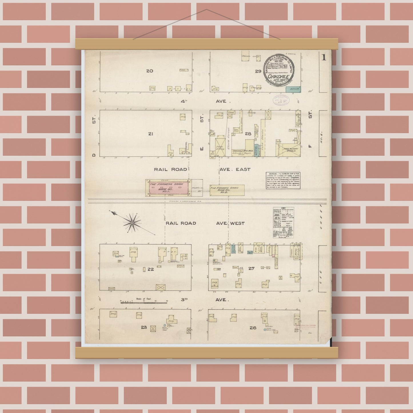 Old map wall art mockup — magnetic wood frame on brick wall — Sanborn Fire Insurance Map from Oakdale, Stanislaus County, California (1884) - Complete Map Set