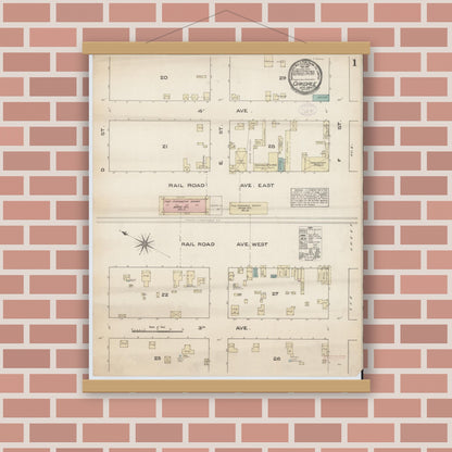 Old map wall art mockup — magnetic wood frame on brick wall — Sanborn Fire Insurance Map from Oakdale, Stanislaus County, California (1884) - Complete Map Set