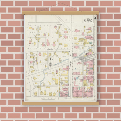 Old map wall art mockup — magnetic wood frame on brick wall — Sanborn Fire Insurance Map from Paris, Edgar County, Illinois (1895), Sheet #0004