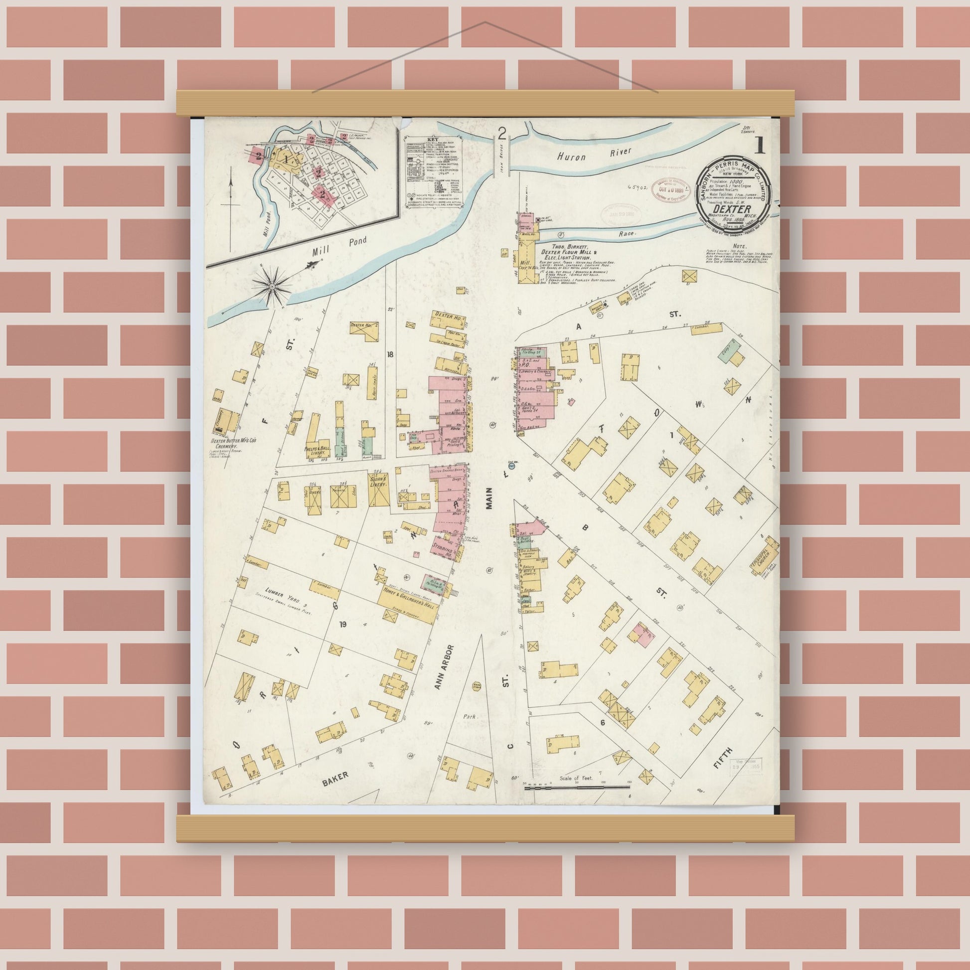Old map wall art mockup — magnetic wood frame on brick wall — Sanborn Fire Insurance Map from Dexter, Washtenaw County, Michigan (1899) - Complete Map Set