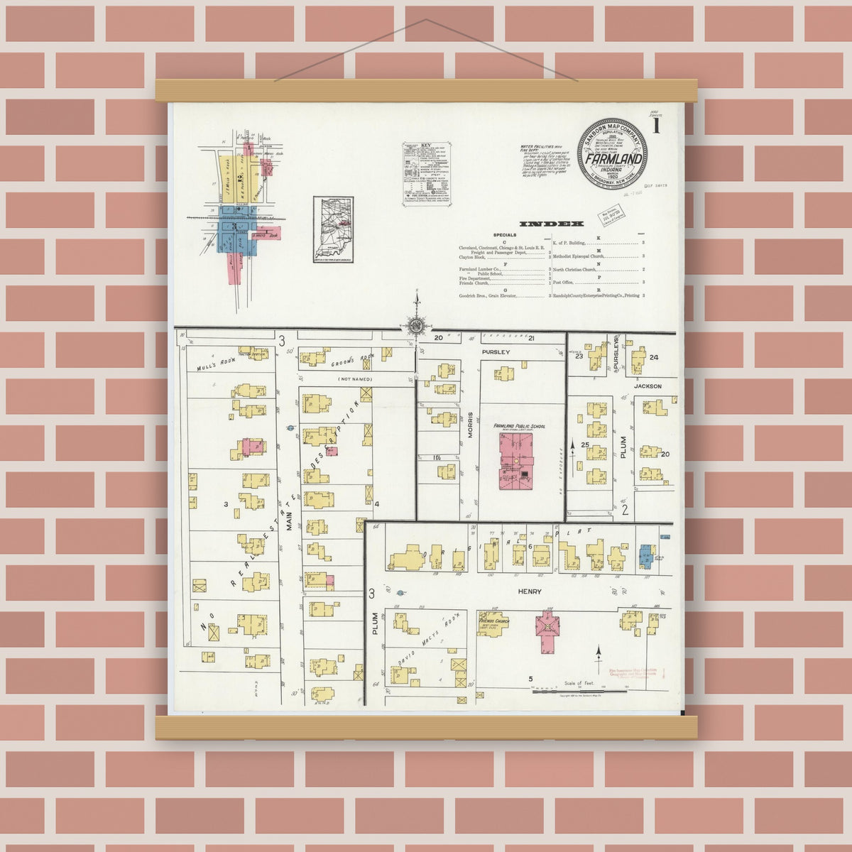 Old map wall art mockup — magnetic wood frame on brick wall — Sanborn Fire Insurance Map from Farmland, Randolph County, Indiana (1920) - Complete Map Set