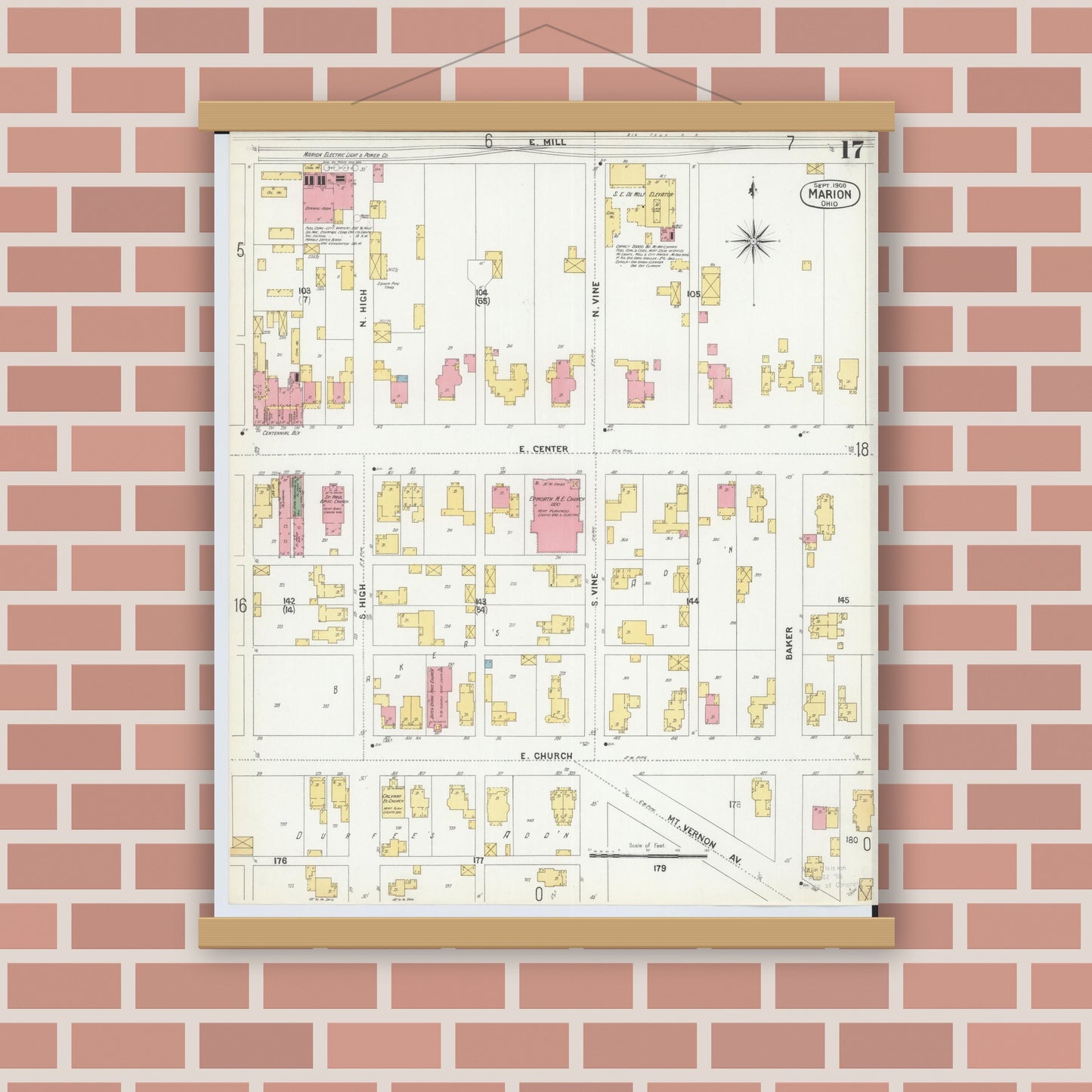 Old map wall art mockup — magnetic wood frame on brick wall — Sanborn Fire Insurance Map from Marion, Marion County, Ohio (1900), Sheet #0017