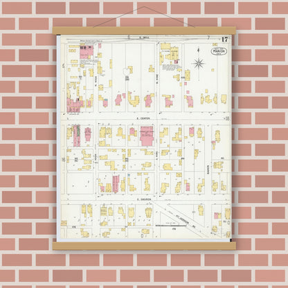 Old map wall art mockup — magnetic wood frame on brick wall — Sanborn Fire Insurance Map from Marion, Marion County, Ohio (1900), Sheet #0017